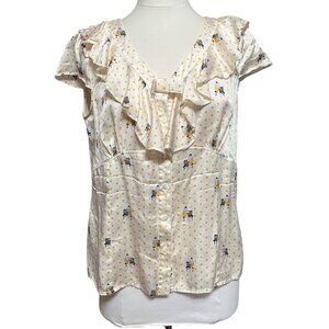 Luisa Spagnoli Silk Blouse Ruffle Bow Yellow Polka Dot Graphic Short Sleeve 48